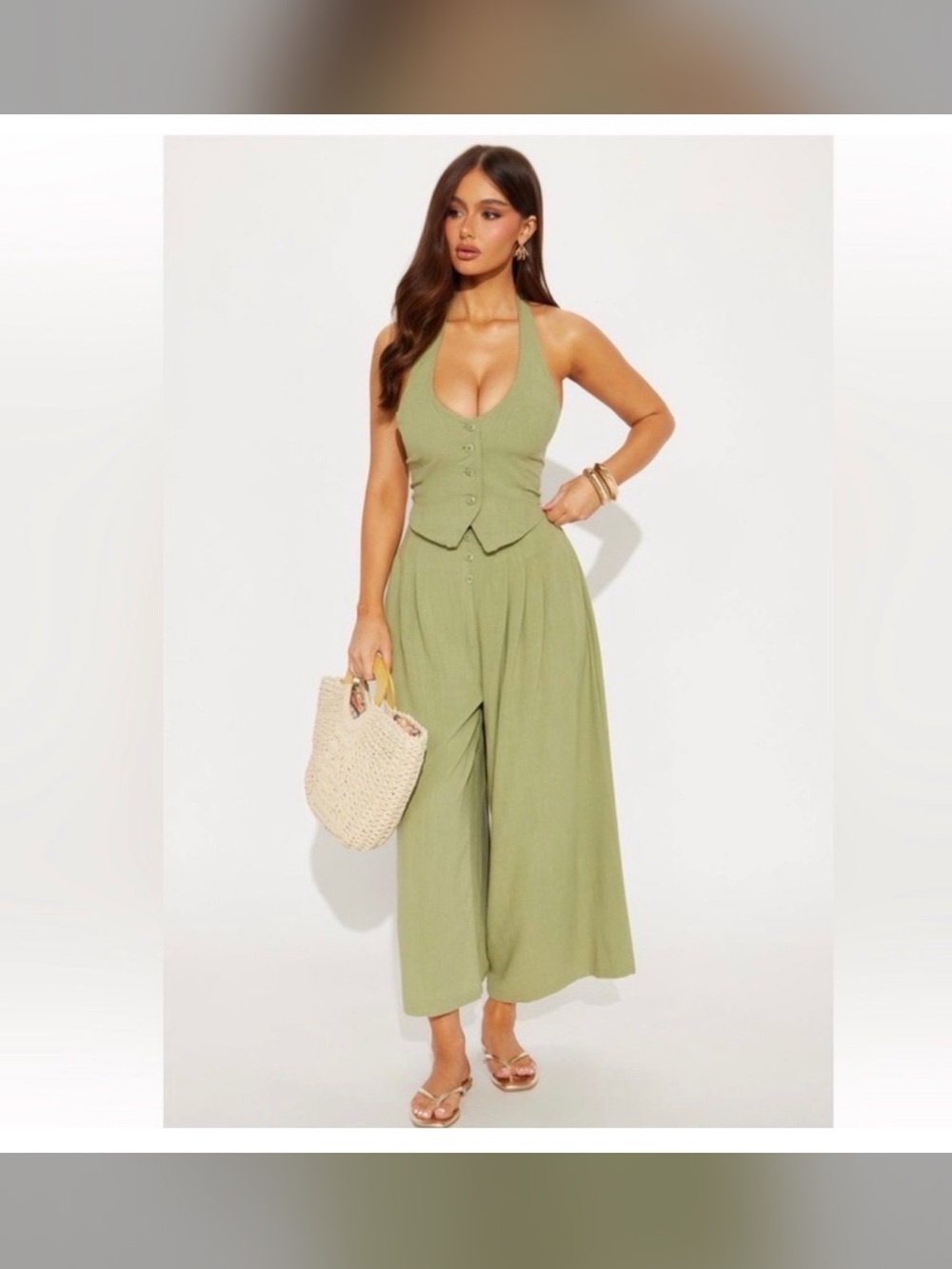 Olive Green Wide-Leg Jumpsuit with Halter Vest